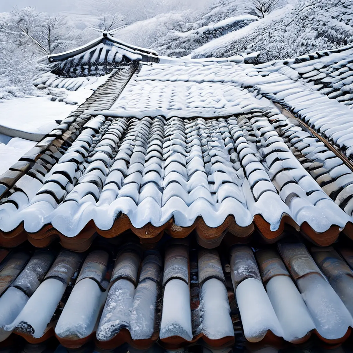 Snow-covered traditional Korean roof with wooden structure and tiled eaves.