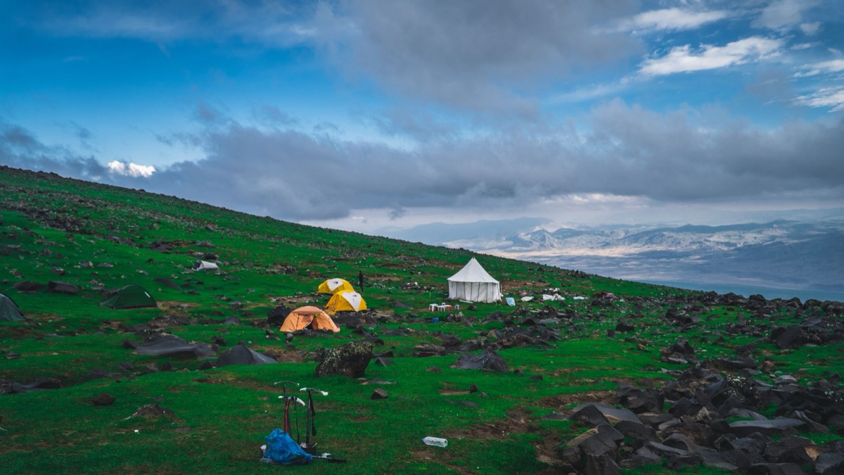 camping gear in lavender field