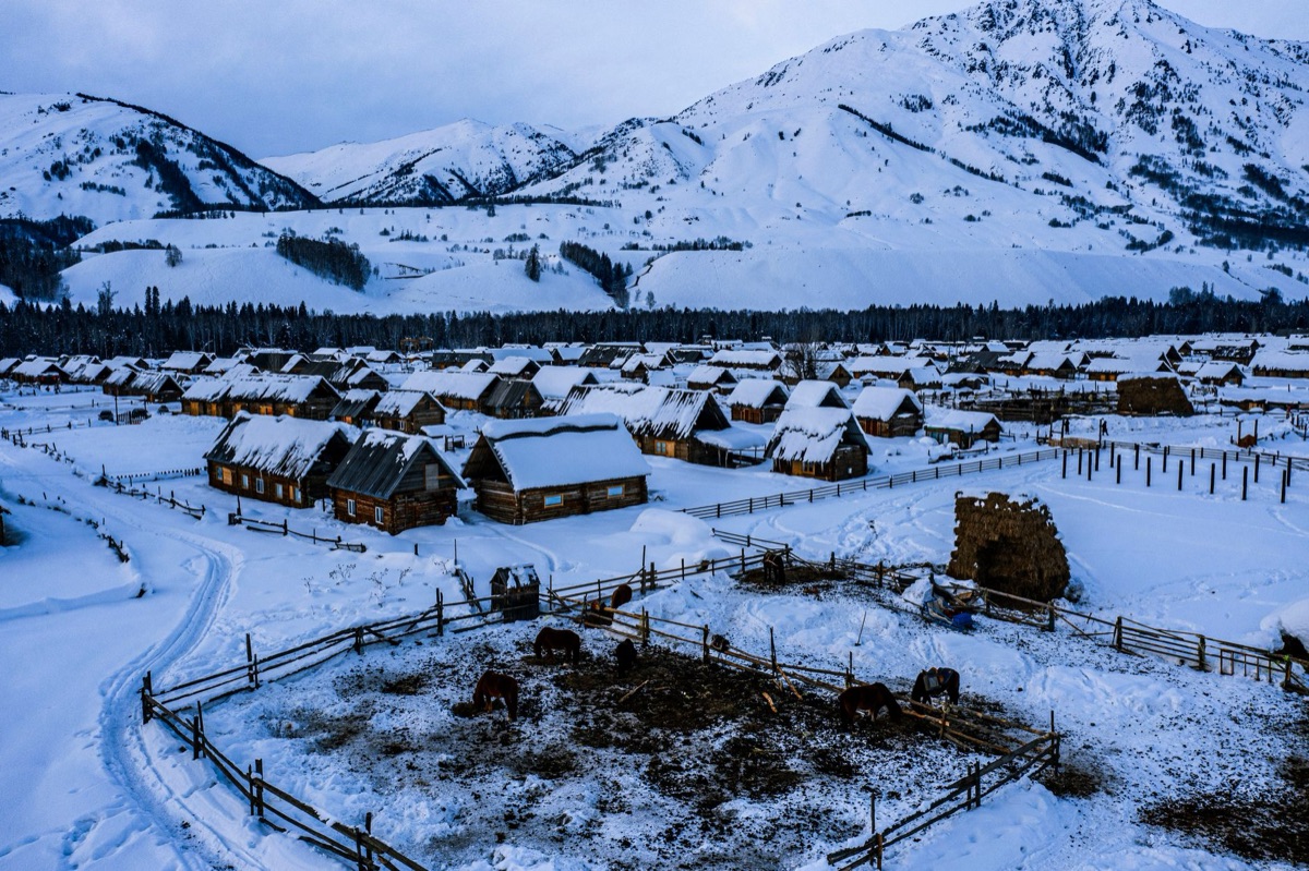 Ainu village with traditional houses